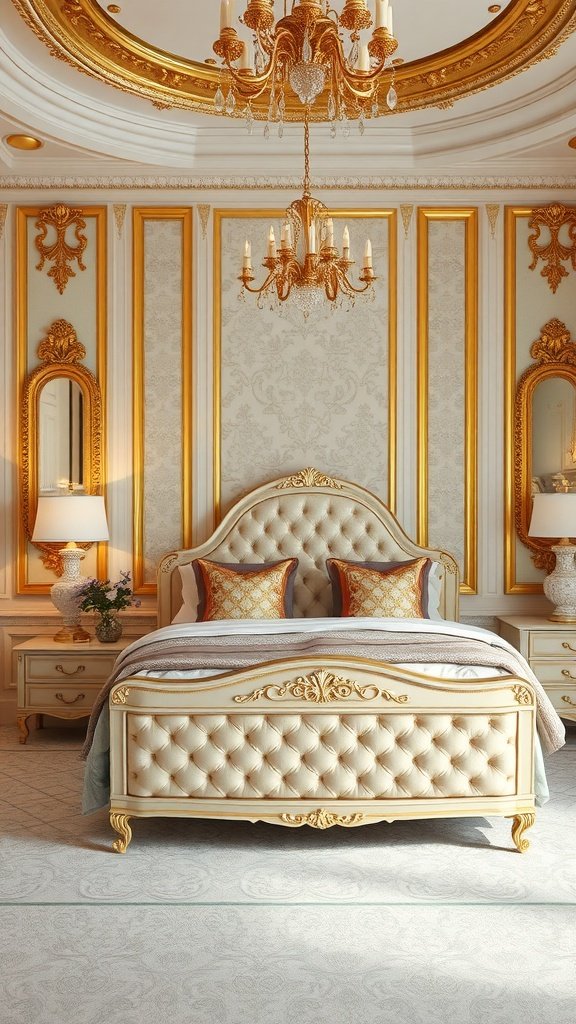 Dormitorio decorado con detalles en oro y plata, incluyendo un candelabro y marcos elegantes.