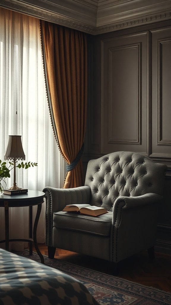 Rincón de lectura acogedor en un dormitorio lujoso con sillón y mesa.