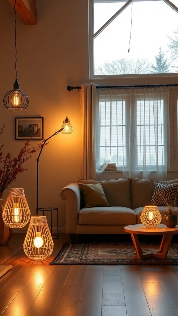 Sala de estar con lámparas DIY que ofrecen una iluminación cálida y acogedora.