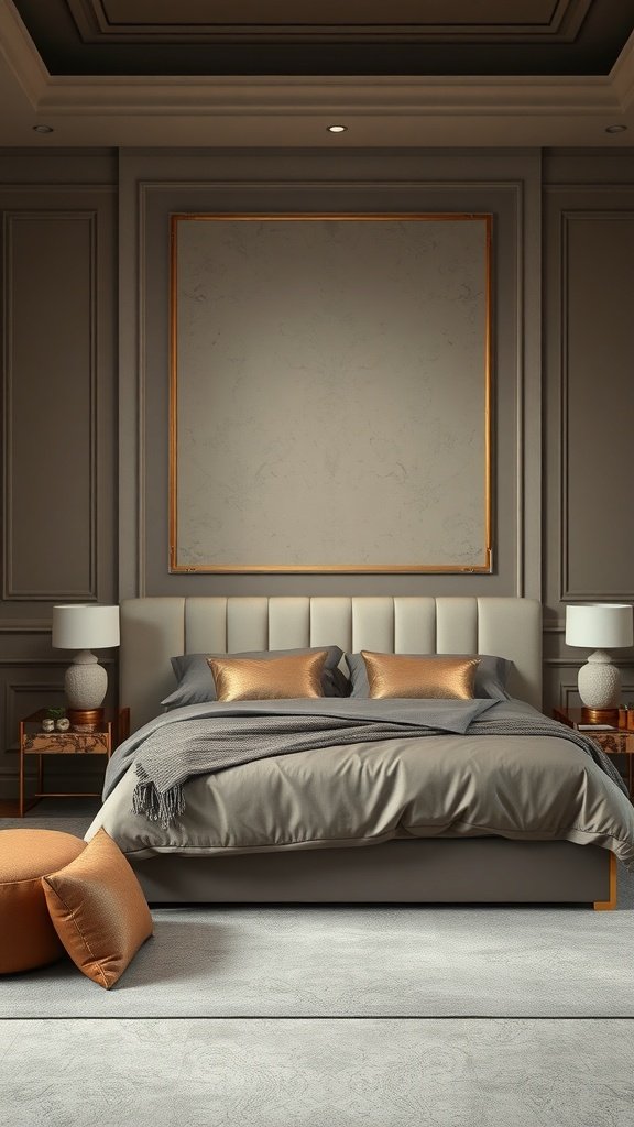 Un dormitorio decorado con colores neutros y detalles metálicos, mostrando una cama elegante y cojines brillantes.