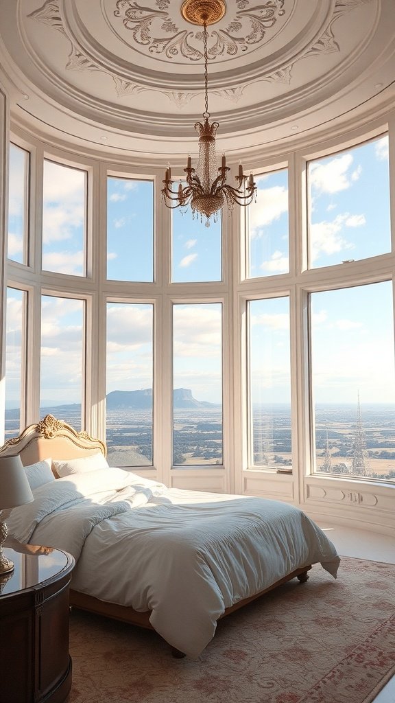 Dormitorio de lujo con ventanas amplias y vistas panorámicas.