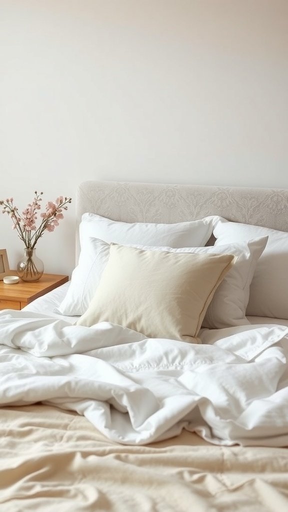Cama con sábanas blancas y almohadas en un ambiente acogedor
