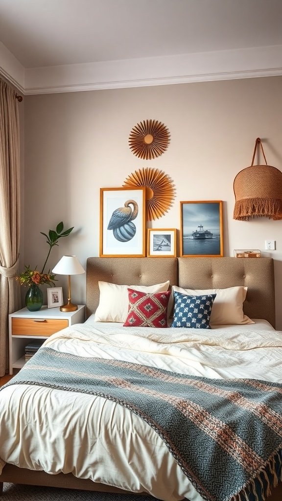 Decoración de esquina en un dormitorio con cuadros y plantas