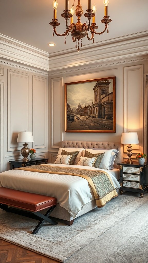 Dormitorio de lujo con arte personalizado en la pared