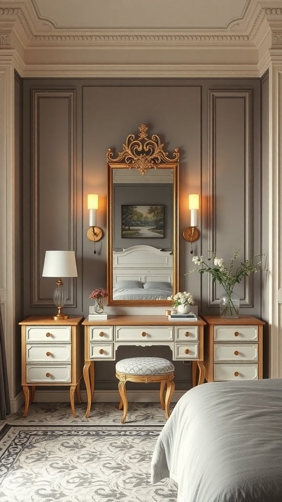 Zona de tocador elegante con espejo dorado y mesa decorativa