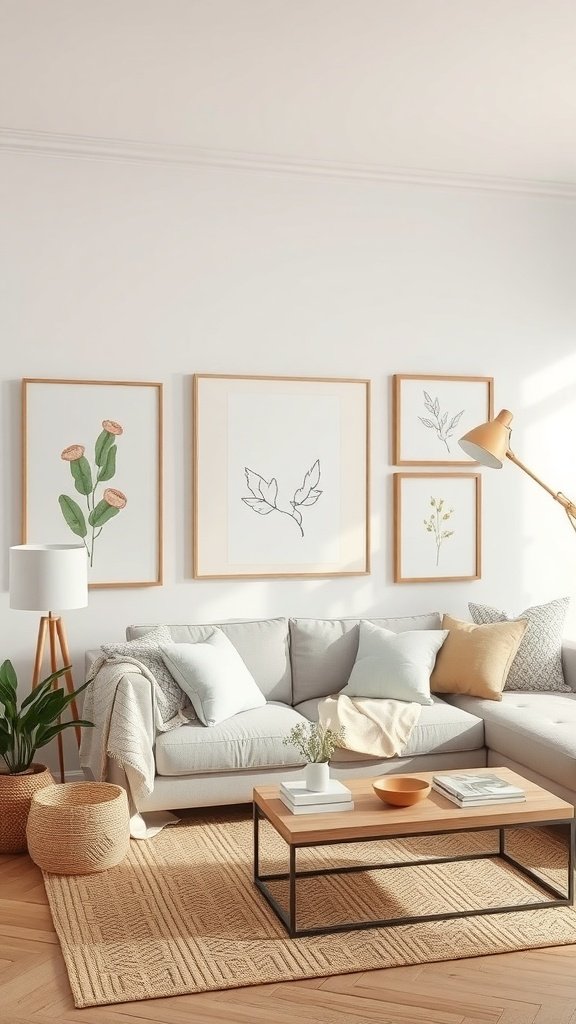 Sala de estar con pinturas y dibujos en colores neutros