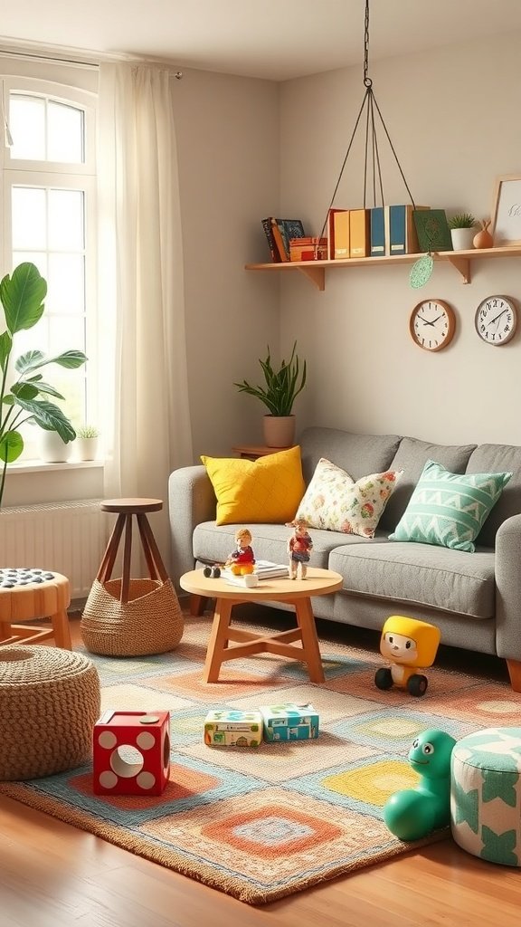 Rincón de juegos en sala de estar con alfombra colorida y juguetes.