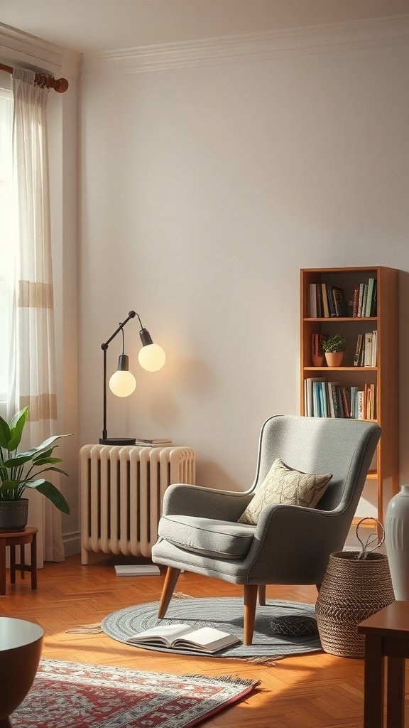 Un rincón de lectura acogedor con una silla gris, una lámpara de pie, una estantería con libros y una planta.