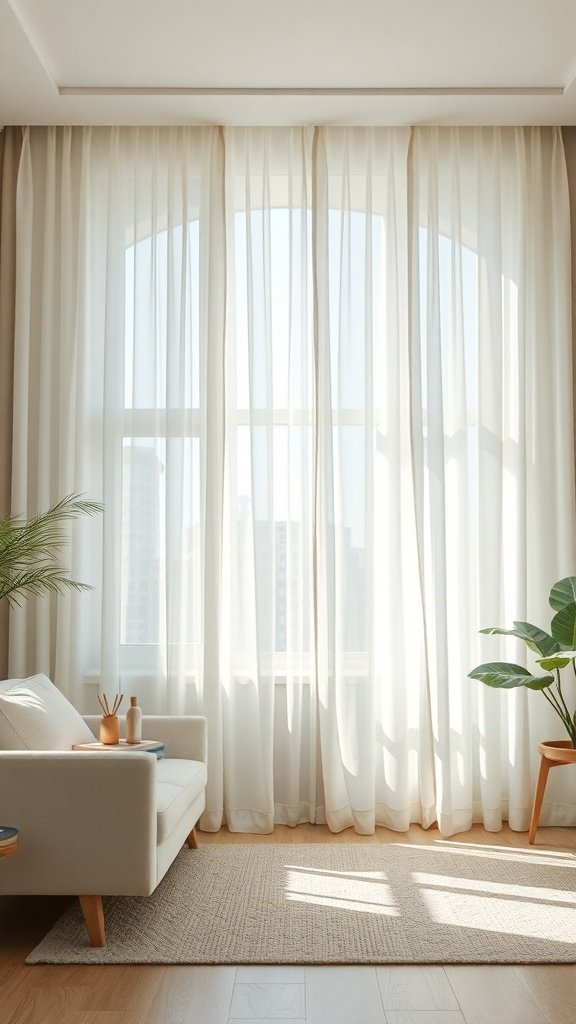 Sala de estar con cortinas de tela ligera que permiten la entrada de luz natural.