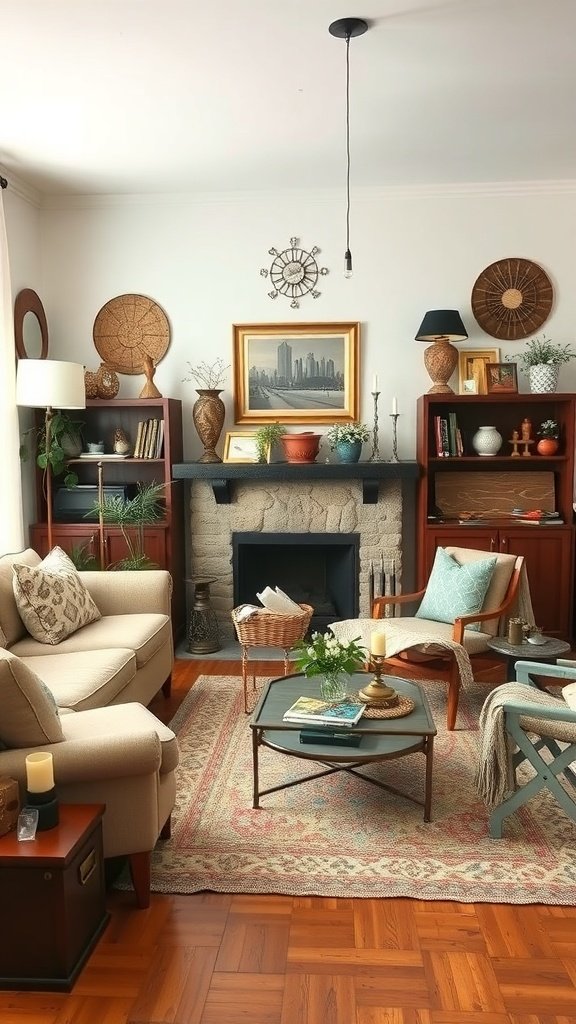 Sala de estar decorada con accesorios de segunda mano, incluyendo jarrones y cuadros.