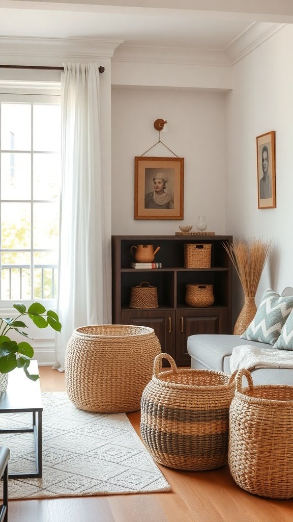 Cestas de almacenamiento de mimbre en una sala de estar moderna.