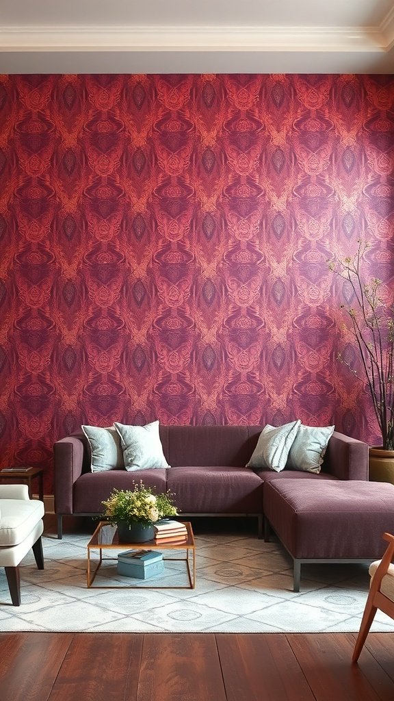 Sala de estar con pared de acento decorada con papel tapiz rojo y sofá moderno.