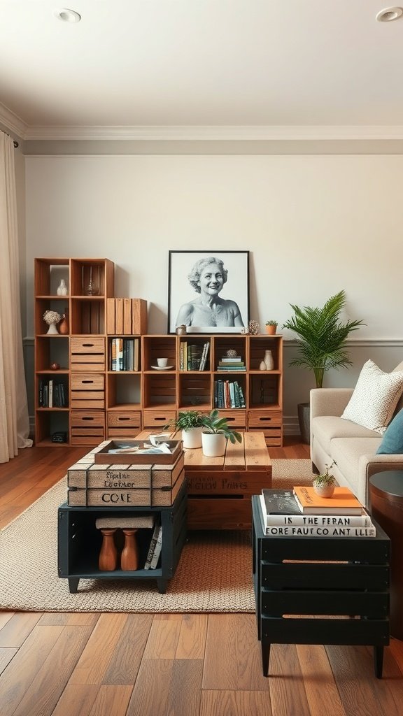 Cajas de madera utilizadas como mesas en una sala de estar