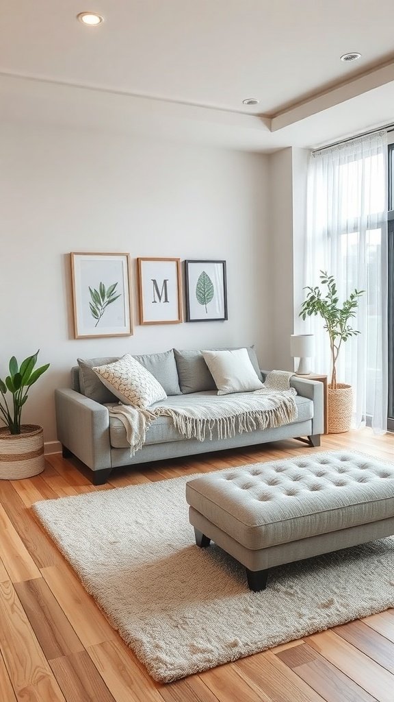 Sala de estar con sofá gris, mesa de centro y decoración minimalista.