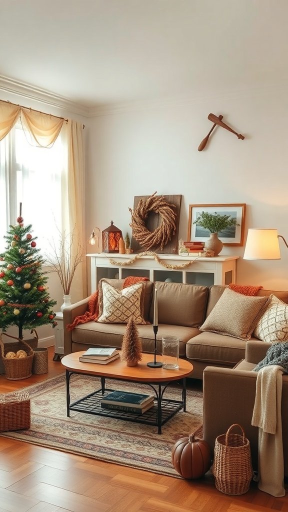 Sala de estar decorada con accesorios de temporada como un árbol de Navidad y una calabaza.