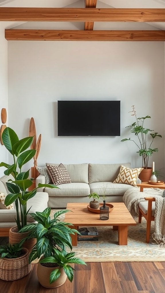 Sala de estar decorada con plantas y muebles de madera.