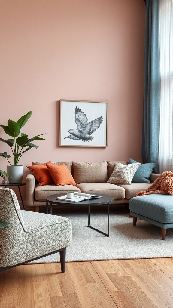 Sala de estar con sofá beige, cojines coloridos y cortinas azules.