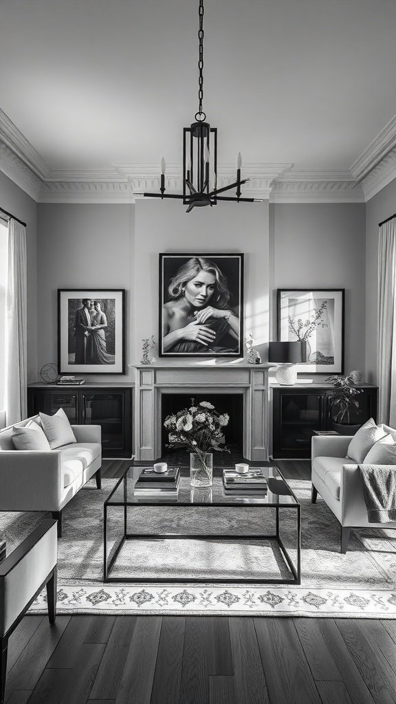 Sala de estar decorada con fotografías en blanco y negro