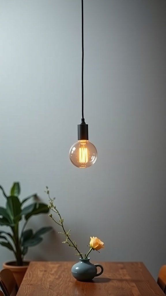 Lámpara colgante minimalista sobre una mesa de madera con una flor en un jarrón