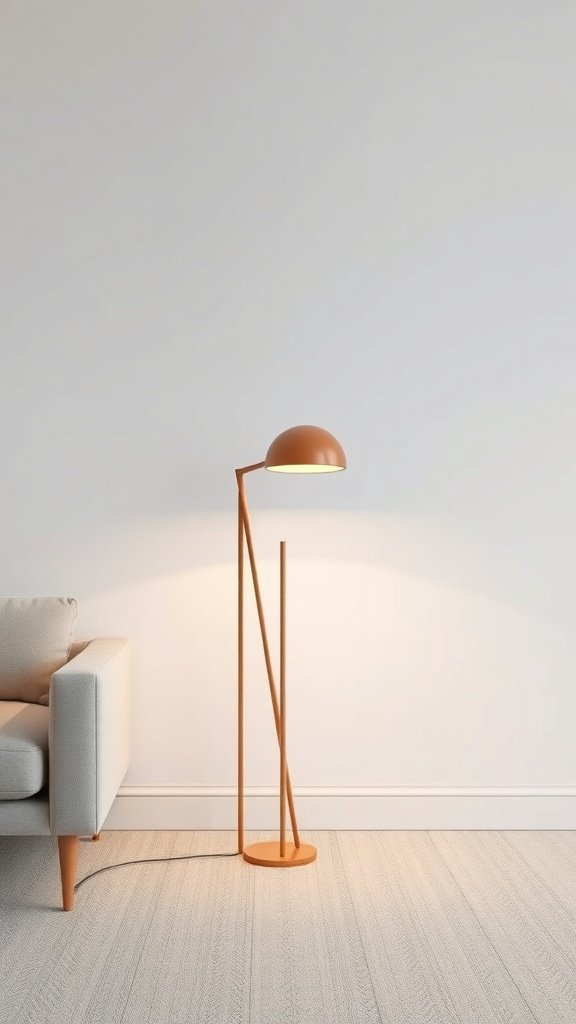 Lámpara de pie escultural de color cobre junto a un sofá blanco en un ambiente minimalista.