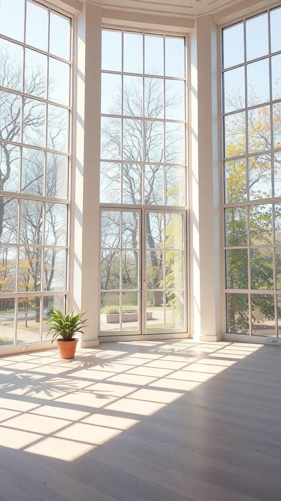 Interior con grandes ventanales que permiten la entrada de luz natural y una planta en maceta.