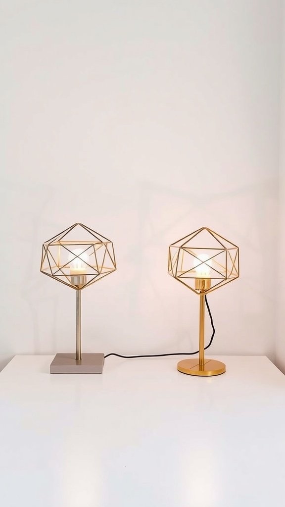 Lámparas de mesa con diseño geométrico en una mesa blanca.