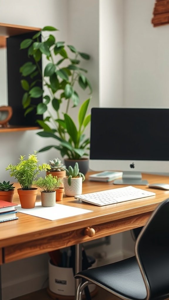 Escritorio de oficina en casa con varias plantas en macetas y un ordenador.
