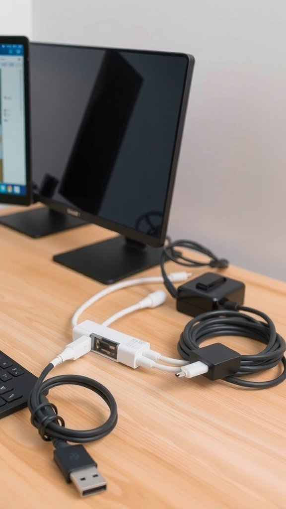 Escritorio con cables organizados y dispositivos electrónicos.