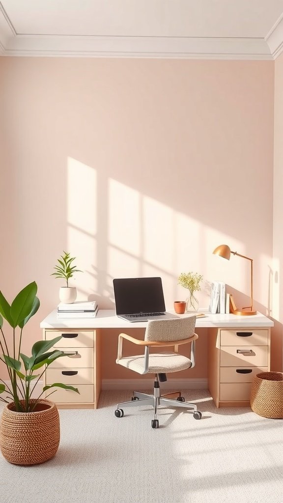 Escritorio de oficina en casa con paleta de colores serena, incluyendo rosa claro y blanco.