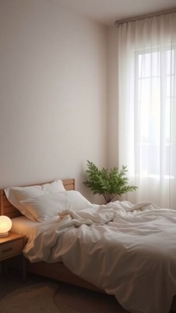 A cozy bedroom with soft ambient lighting and a plant by the window.