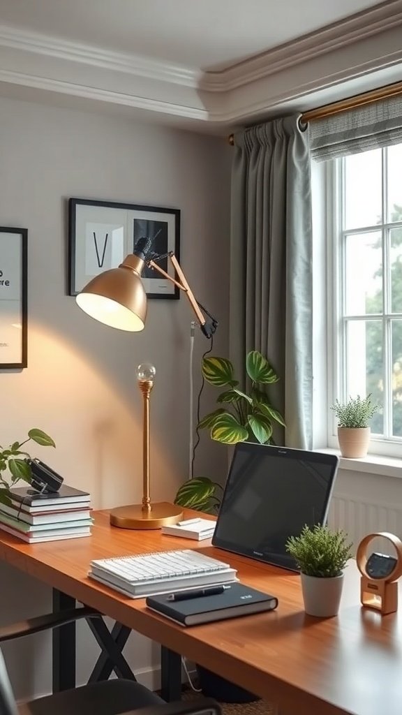 Escritorio de oficina en casa con lámpara de escritorio, plantas y computadora