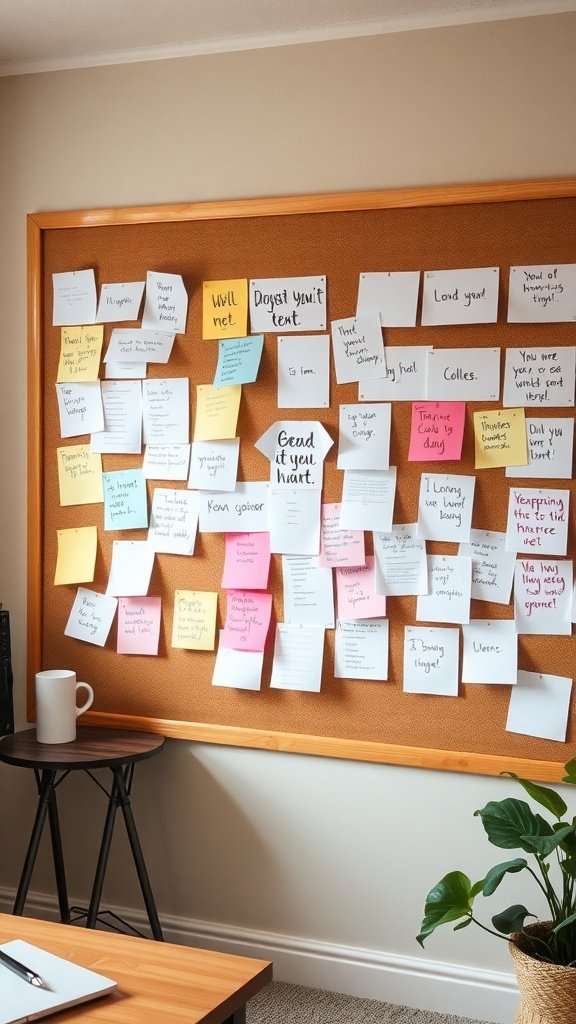 Tablero de corcho lleno de notas y recordatorios en un escritorio de oficina en casa.