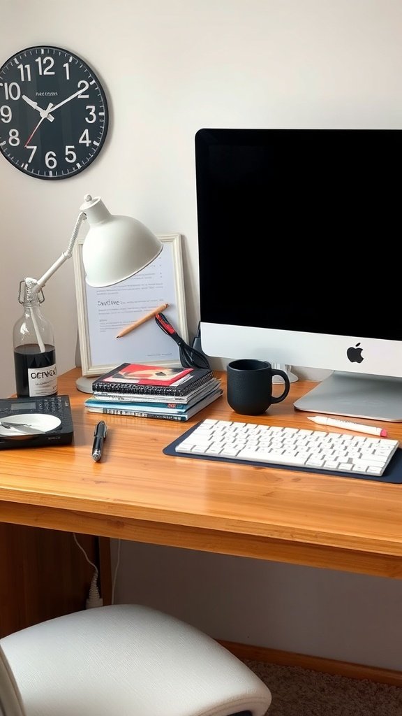 Escritorio de oficina en casa con reloj, lámpara, computadora y material de oficina.