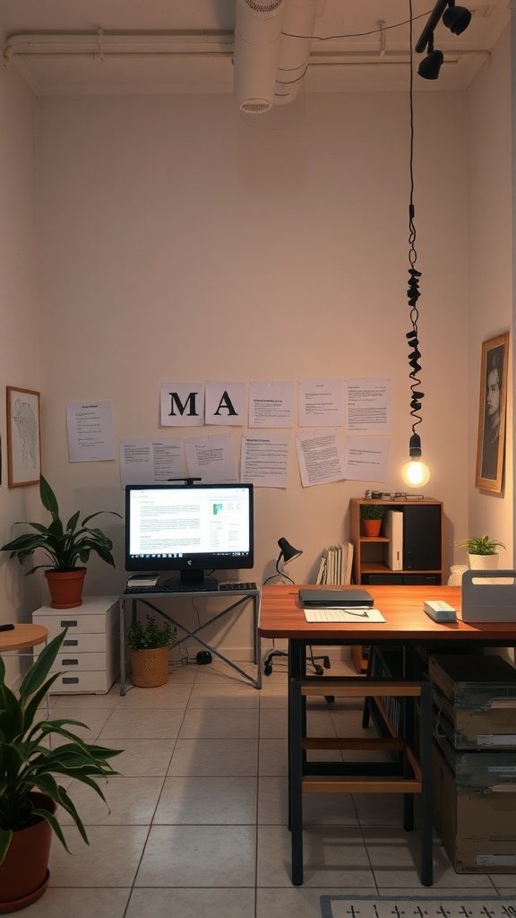 Escritorio de oficina en casa con plantas y documentos organizados.