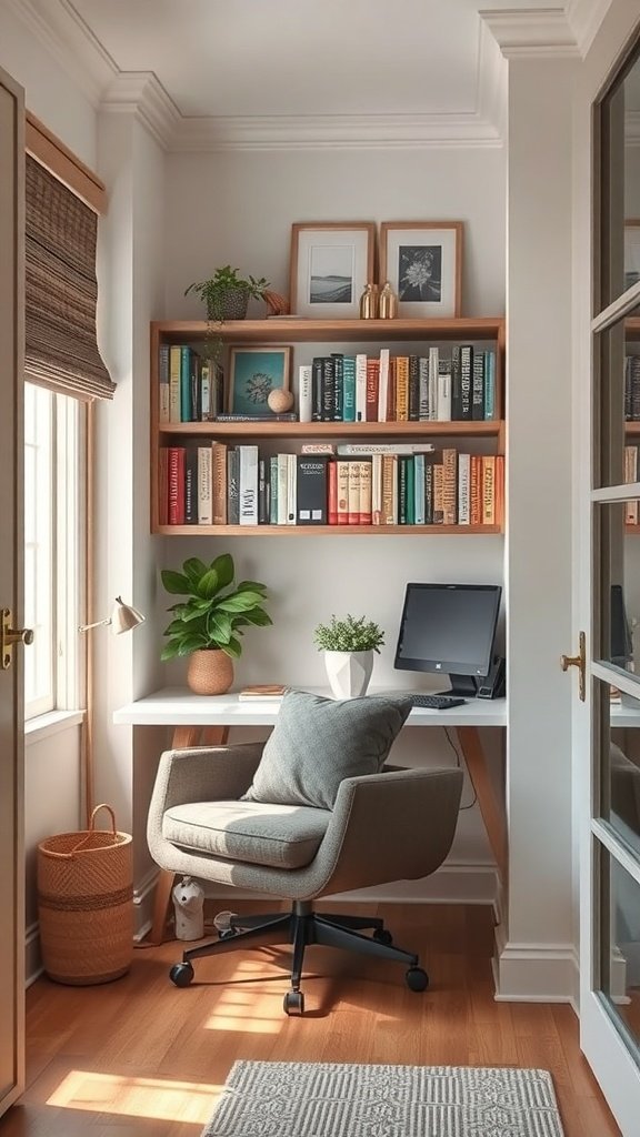 Escritorio de oficina en casa con área de descanso y decoración acogedora.