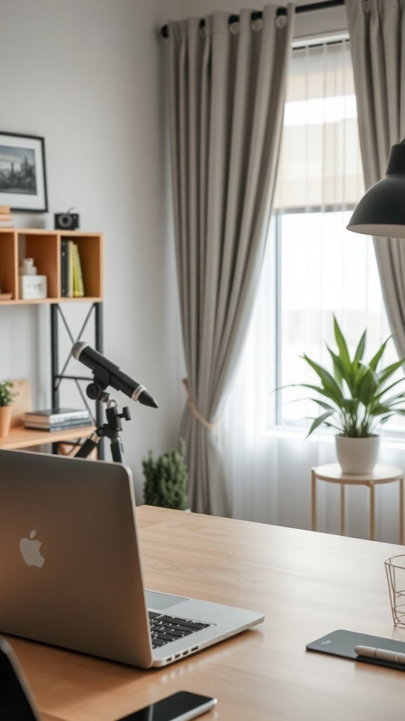 Espacio de trabajo ordenado con laptop, micrófono y plantas.