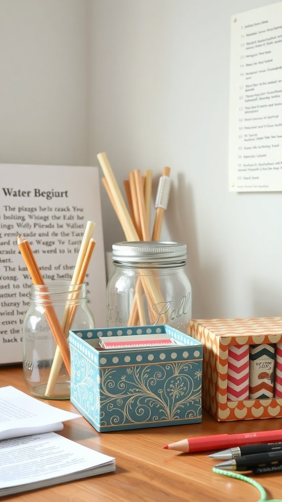 Escritorio de oficina en casa con elementos de organización creativos como cajas decorativas y frascos de vidrio.