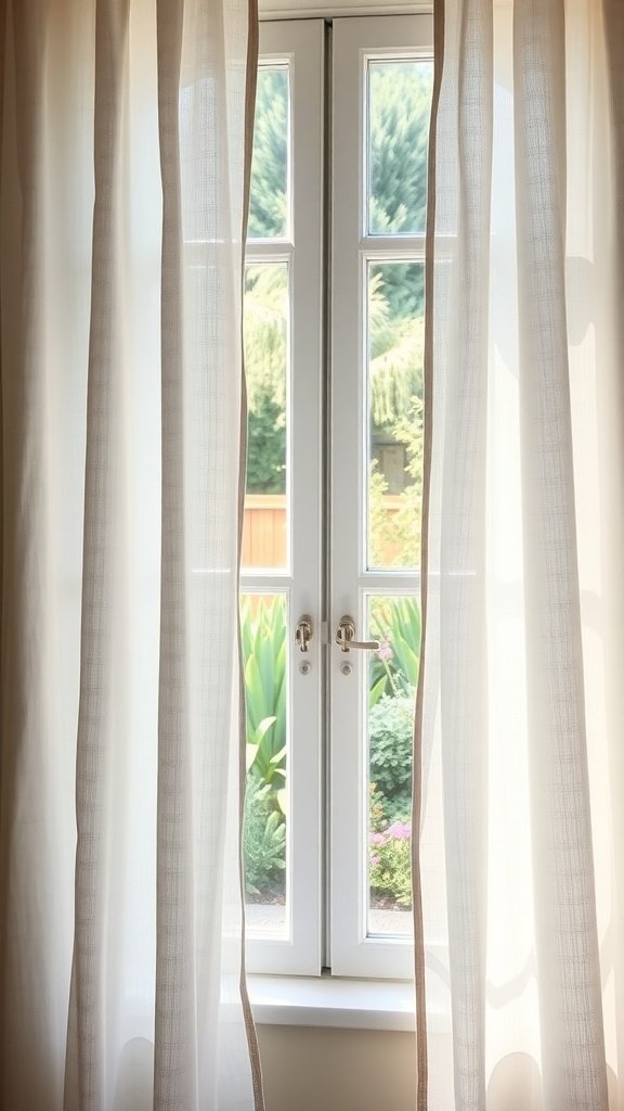 Cortinas de lino ligero en una ventana con vista a un jardín.