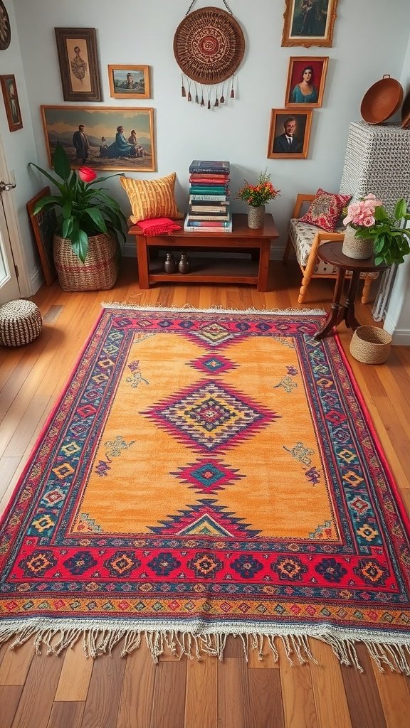 Alfombra kilim colorida en una sala de estar con decoración bohemia.