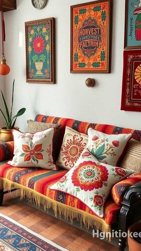 Cojines bordados a mano en un sofá colorido