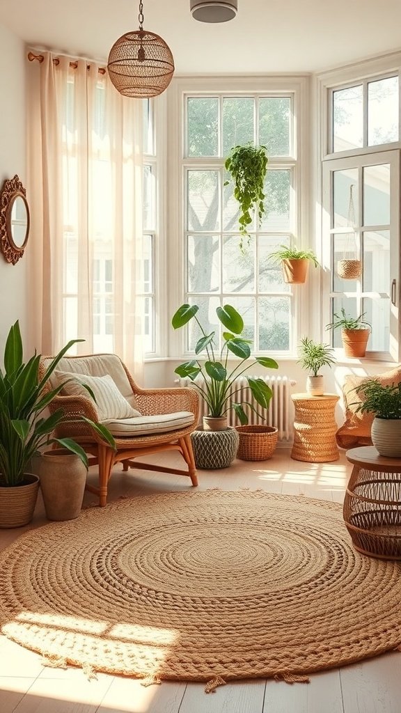 Alfombra de yute tejida a mano en una sala luminosa con plantas y muebles de mimbre.