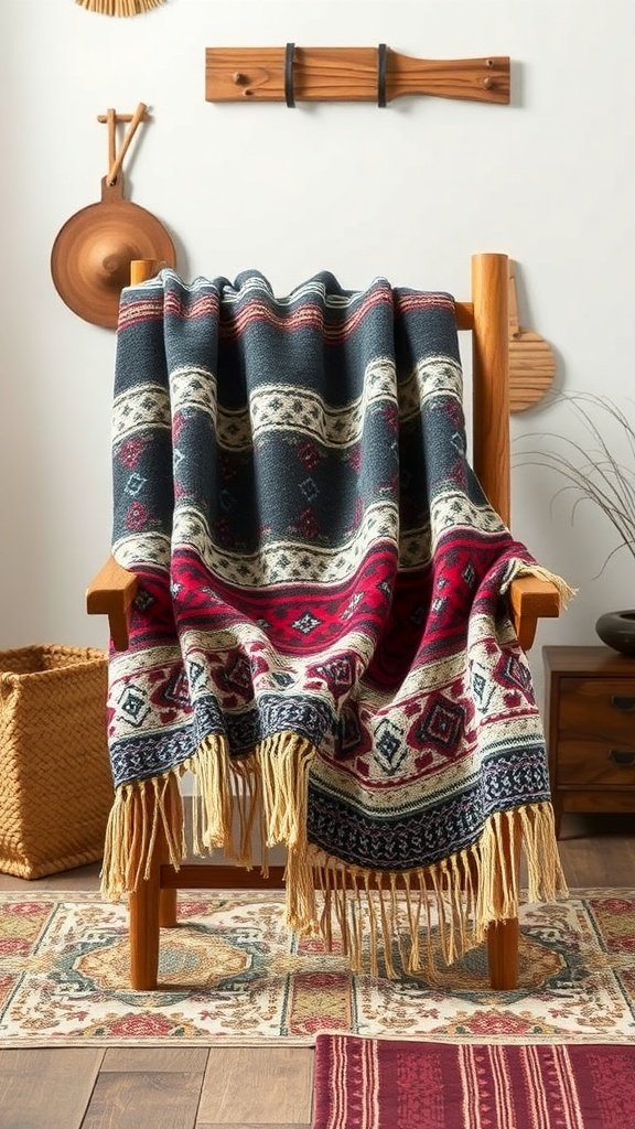 Manta de lana con patrones étnicos en una silla de madera