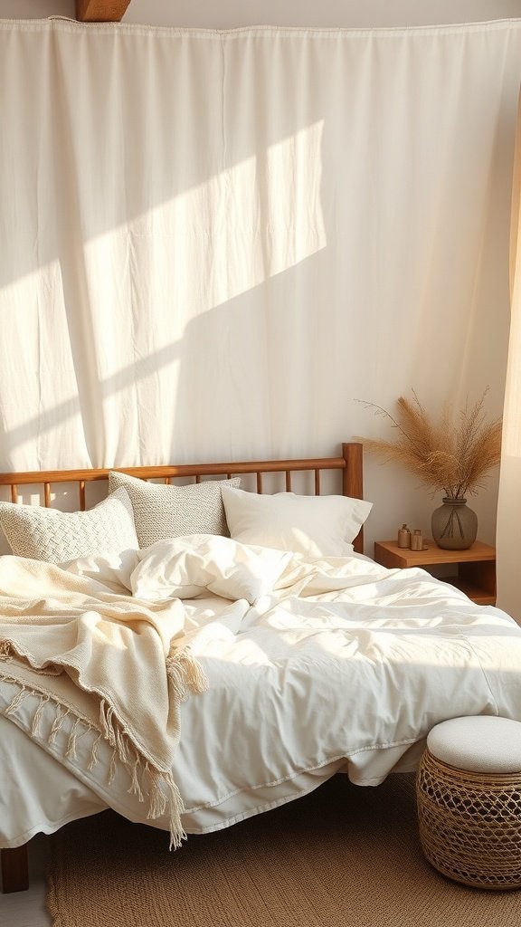 Habitación con cama y textiles de lino natural en tonos claros.