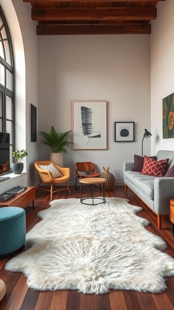 Sala moderna con alfombra de piel sintética, muebles contemporáneos y decoración minimalista.