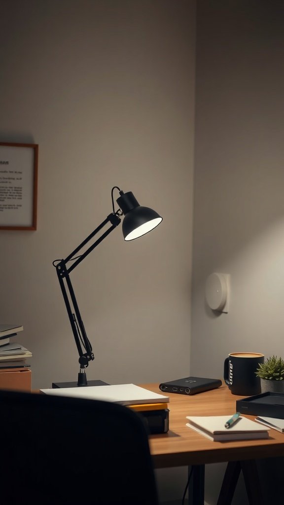 Lámpara de escritorio negra sobre una mesa de trabajo con papeles y una planta pequeña.