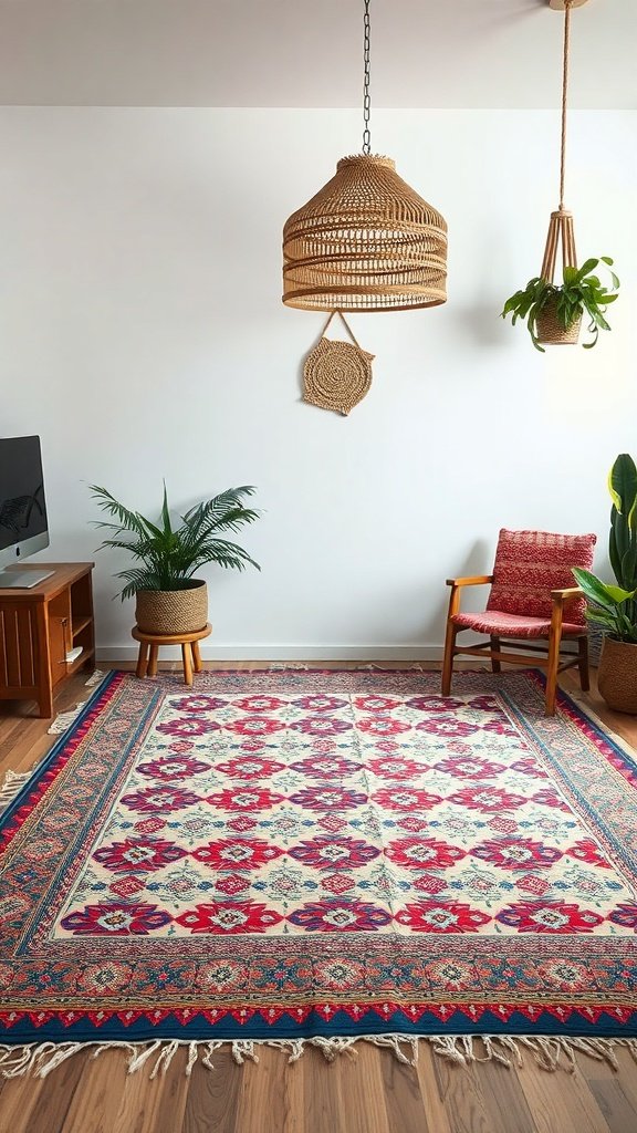 Alfombra de algodón reciclado en un ambiente bohemio con plantas y muebles de madera.