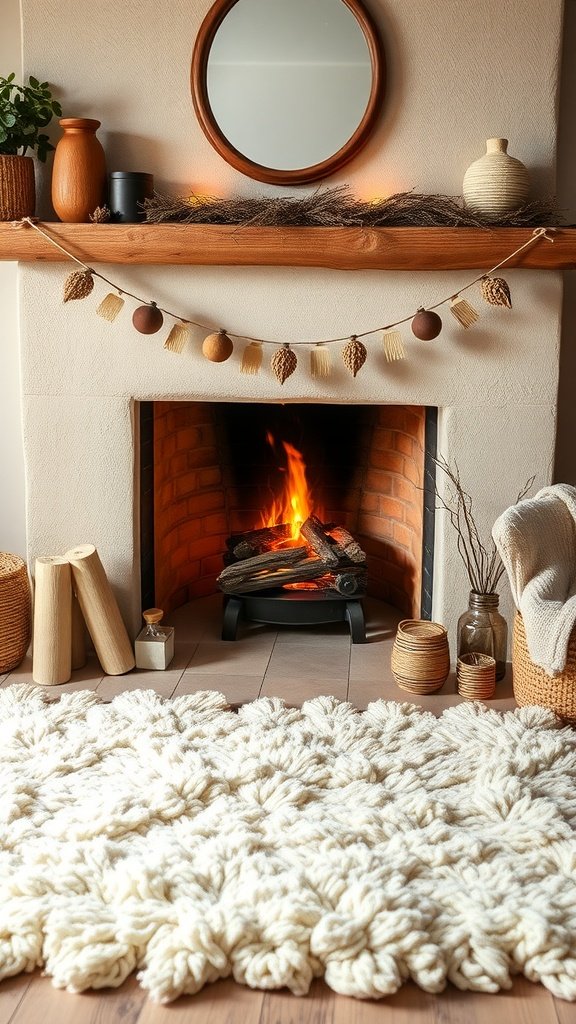 Alfombra de lana de oveja frente a una chimenea cálida.