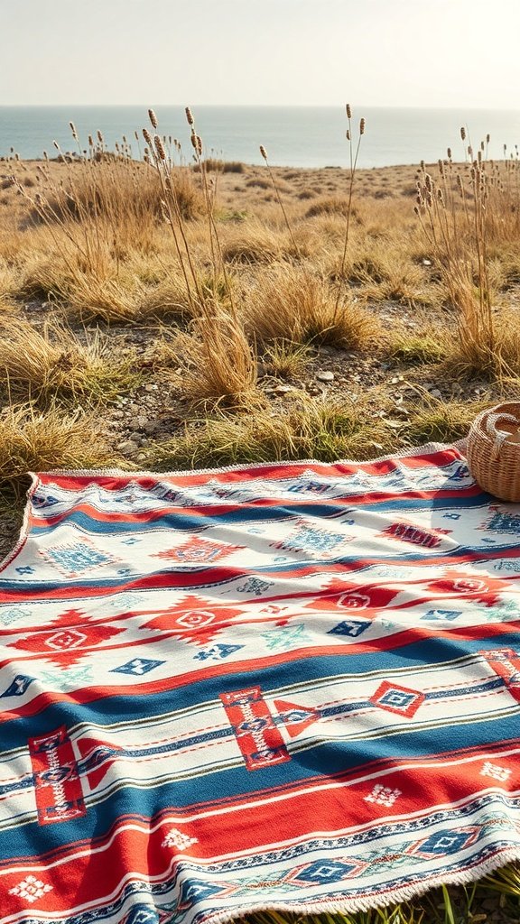 Manta de viaje con motivos nómadas sobre un fondo natural junto al mar