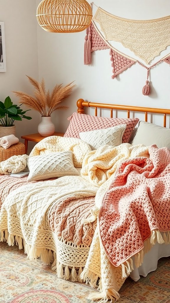 Mantas de crochet en colores pastel sobre una cama decorativa.