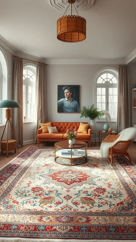 Sala de estar con alfombra de seda y decoración bohemia.